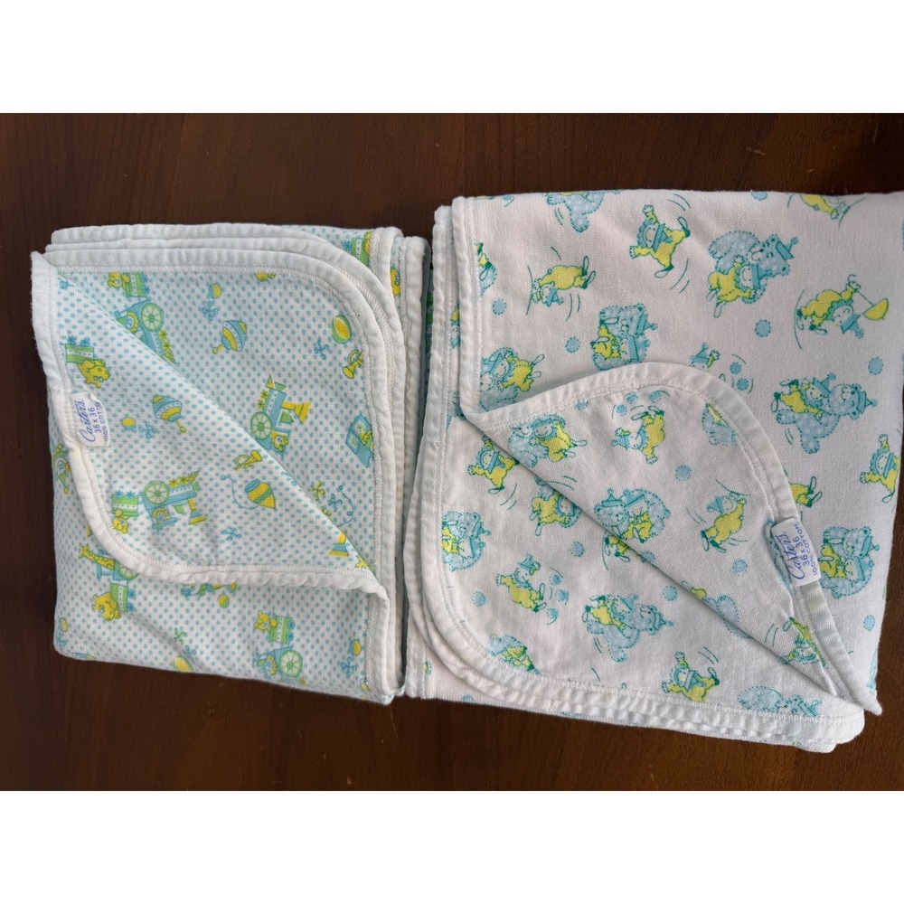 Vintage Carters Baby Receiving Blankets Set‎ of 2 Circus Train Bear 36x36"